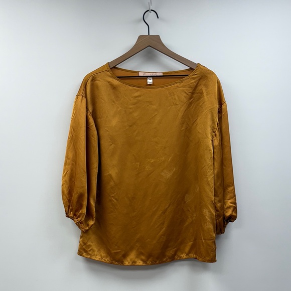Anthropologie Hutch Satin 3/4 Puff Sleeve Blouse Golden Yellow Medium - Picture 2 of 9